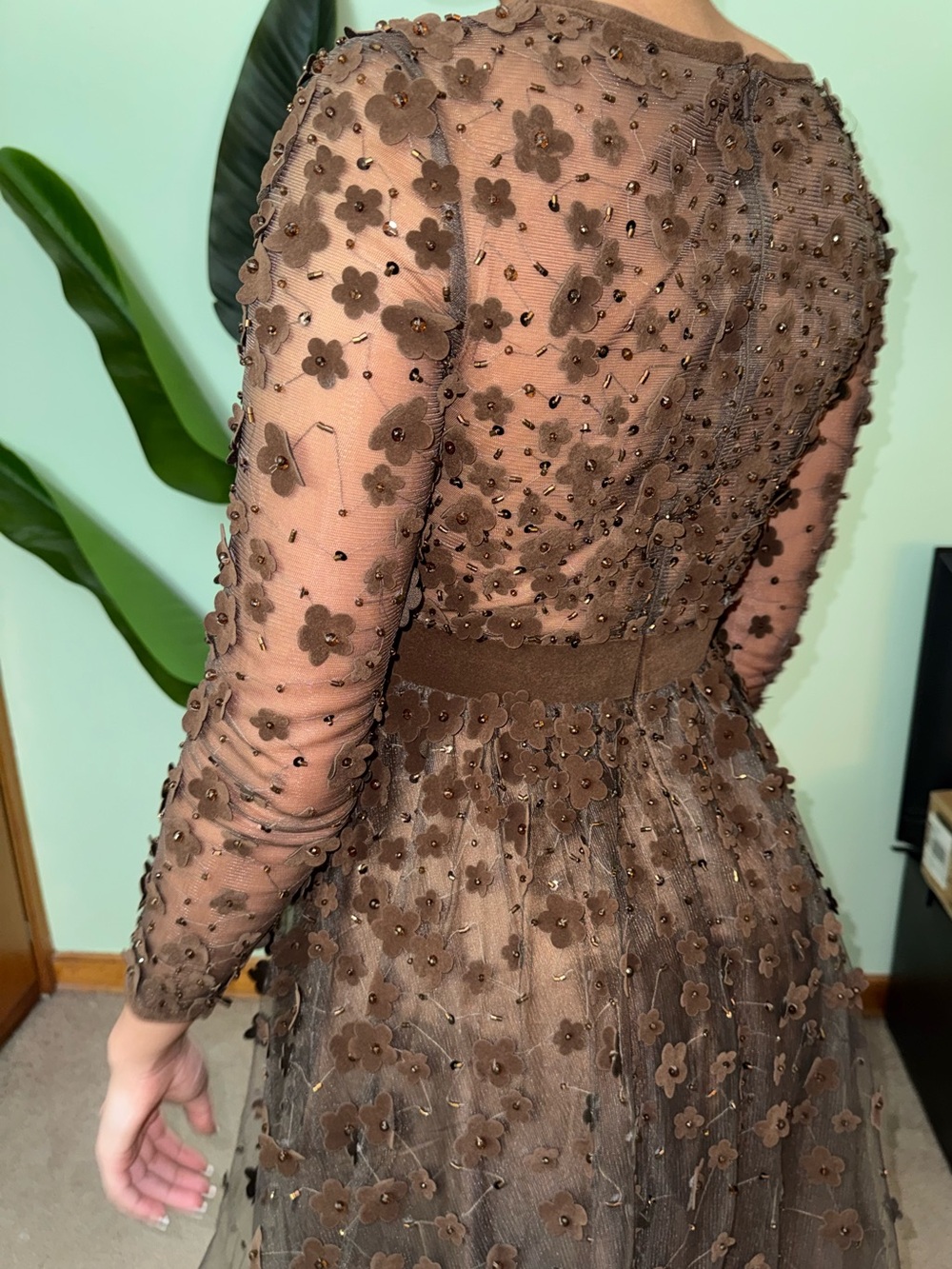 Mac Duggal Brown Embellished Velvet Trim A-Line Midi Dress | Size 2 | NWOT - Picture 7 of 14